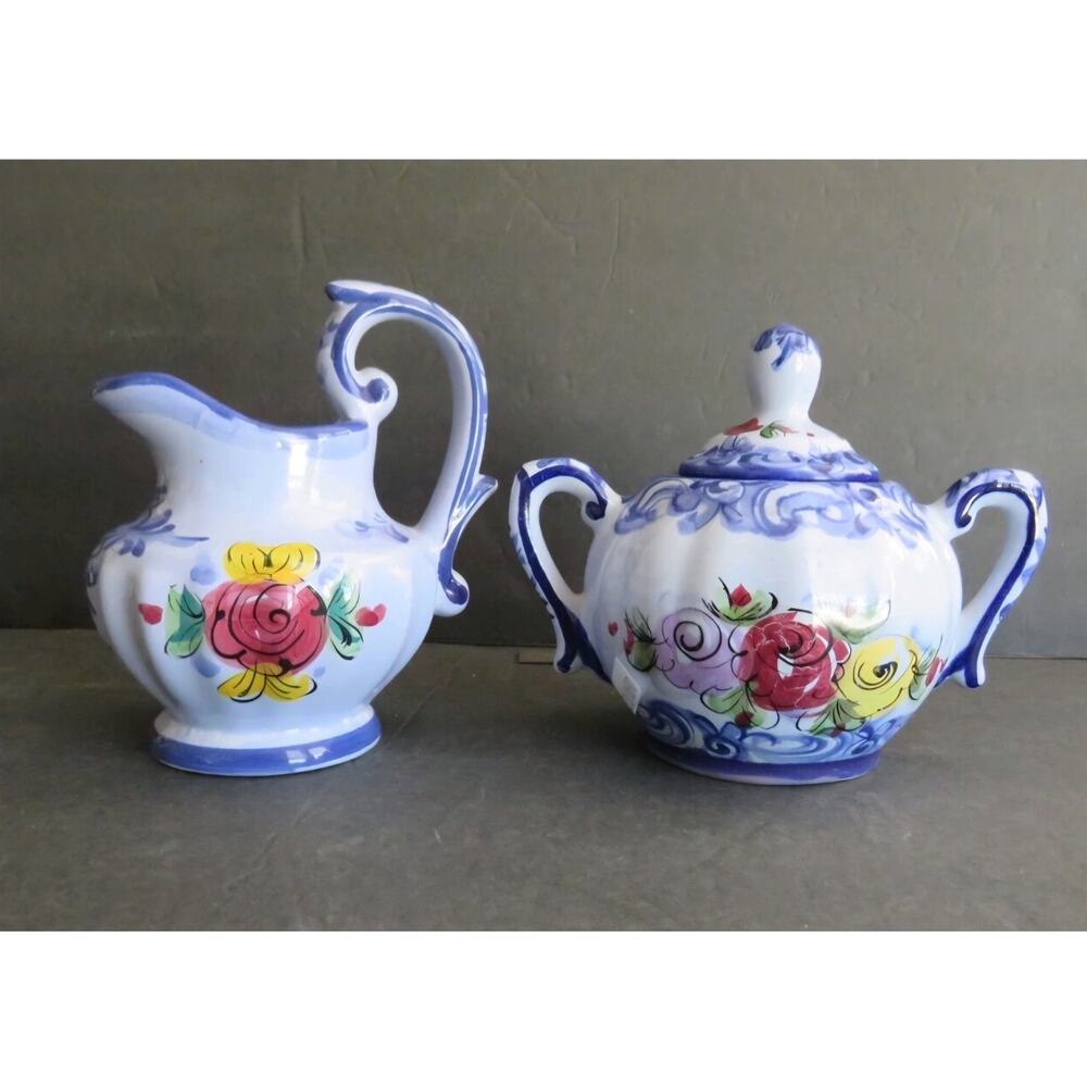 Vintage Vestal Alcobaca Portugal Creamer Sugar Set Hand Painted Blue Floral